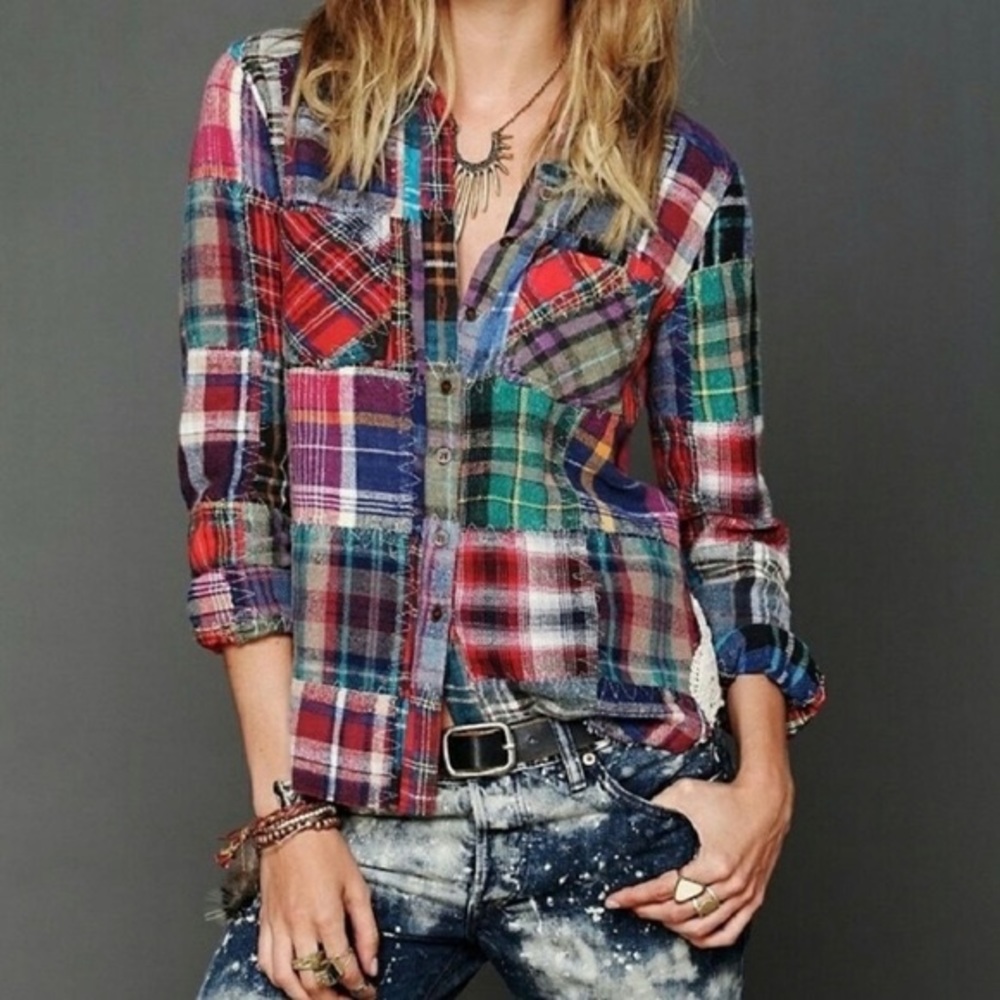 Free People Lost In Plaid Patchwork Flannel